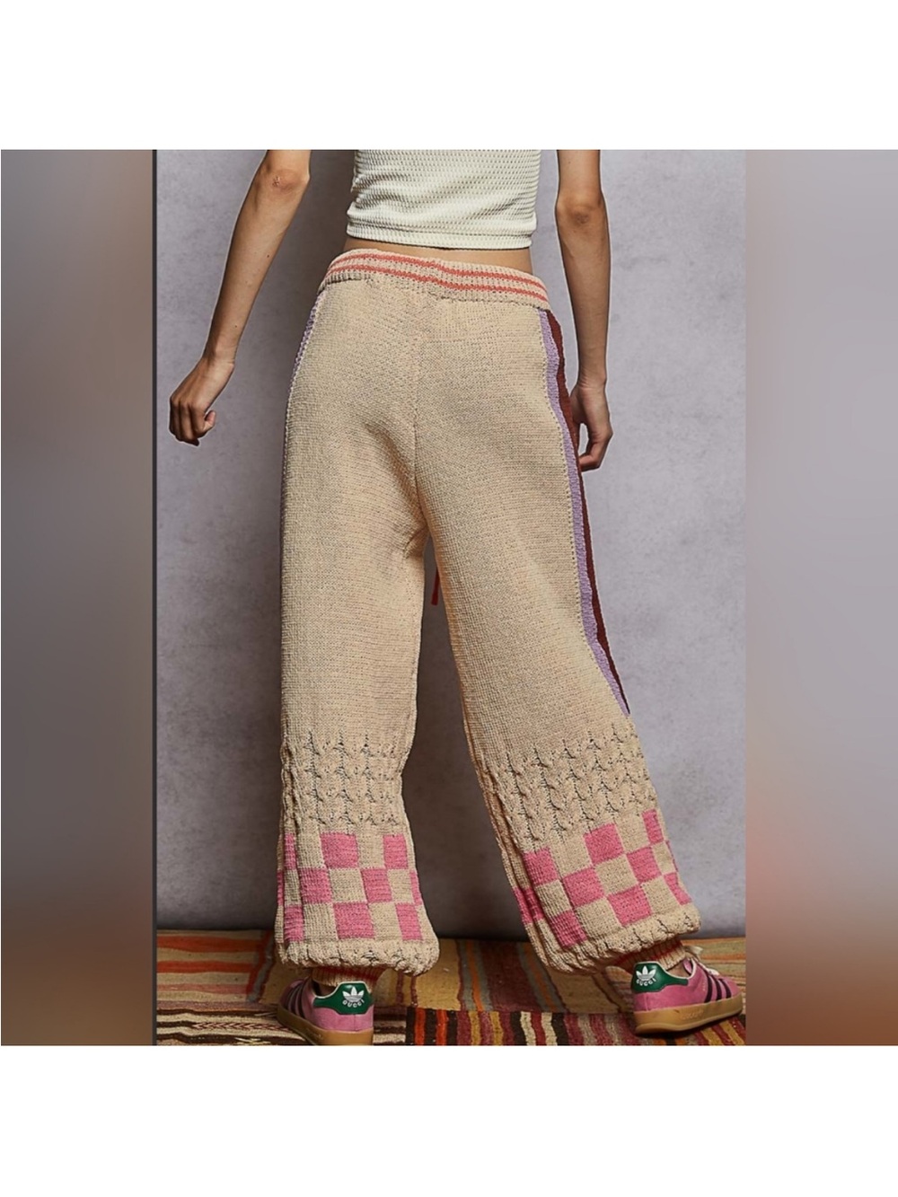 NWOT POL L Crochet Patchwork Wide-Leg Pants in Beige and Pink - Picture 3 of 5